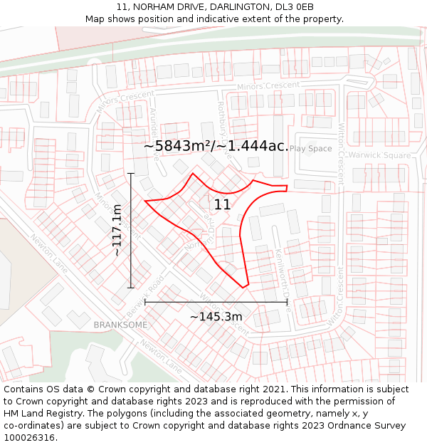 11, NORHAM DRIVE, DARLINGTON, DL3 0EB: Plot and title map