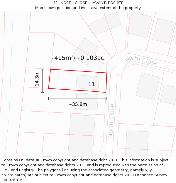 11, NORTH CLOSE, HAVANT, PO9 2TE: Plot and title map