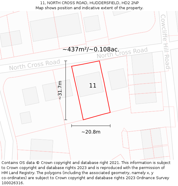 11, NORTH CROSS ROAD, HUDDERSFIELD, HD2 2NP: Plot and title map