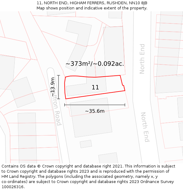 11, NORTH END, HIGHAM FERRERS, RUSHDEN, NN10 8JB: Plot and title map