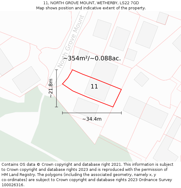 11, NORTH GROVE MOUNT, WETHERBY, LS22 7GD: Plot and title map