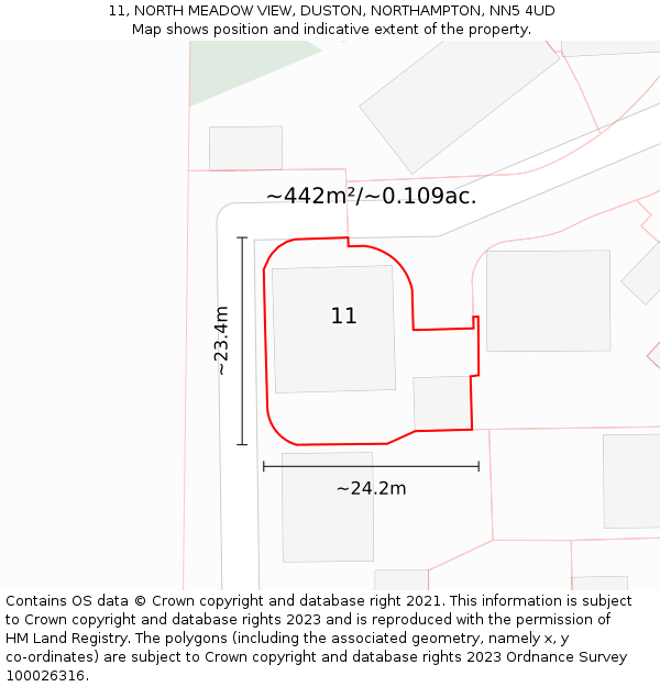 11, NORTH MEADOW VIEW, DUSTON, NORTHAMPTON, NN5 4UD: Plot and title map