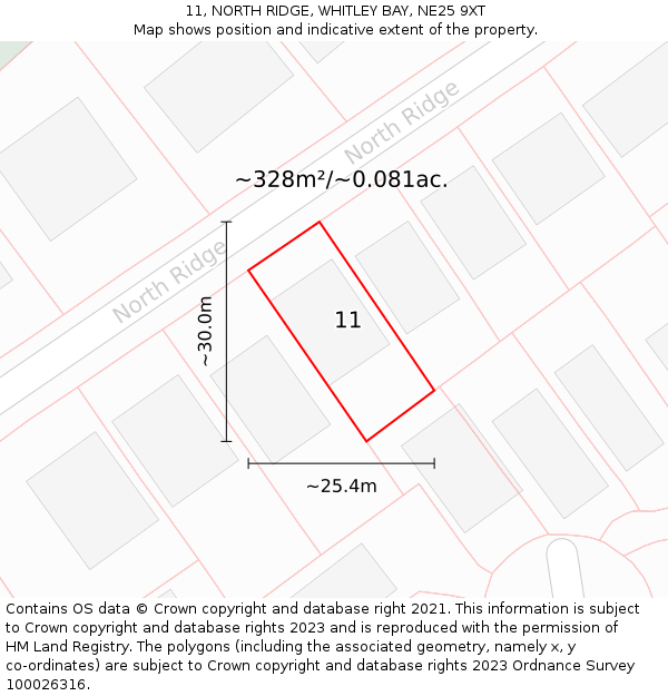 11, NORTH RIDGE, WHITLEY BAY, NE25 9XT: Plot and title map