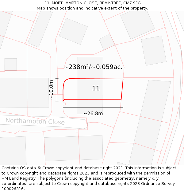11, NORTHAMPTON CLOSE, BRAINTREE, CM7 9FG: Plot and title map