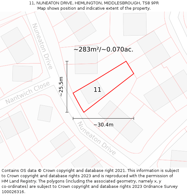 11, NUNEATON DRIVE, HEMLINGTON, MIDDLESBROUGH, TS8 9PR: Plot and title map