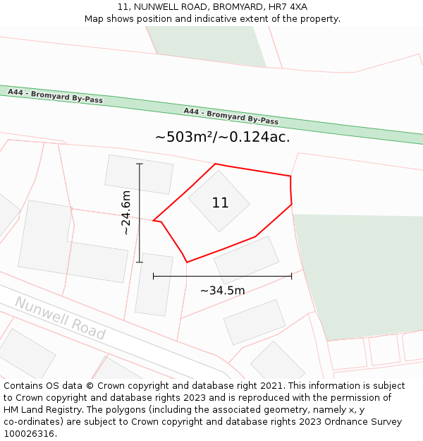 11, NUNWELL ROAD, BROMYARD, HR7 4XA: Plot and title map
