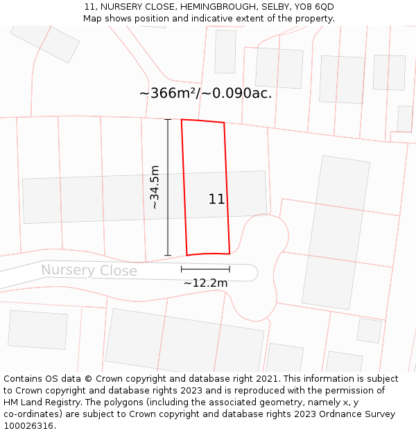 11, NURSERY CLOSE, HEMINGBROUGH, SELBY, YO8 6QD: Plot and title map