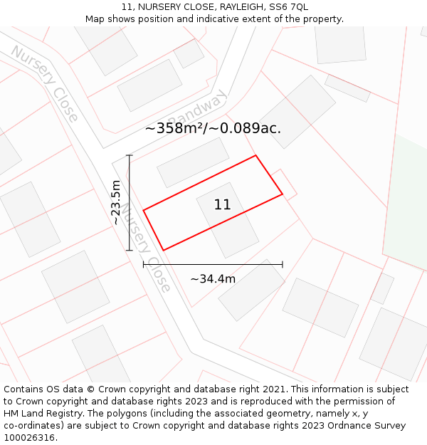 11, NURSERY CLOSE, RAYLEIGH, SS6 7QL: Plot and title map