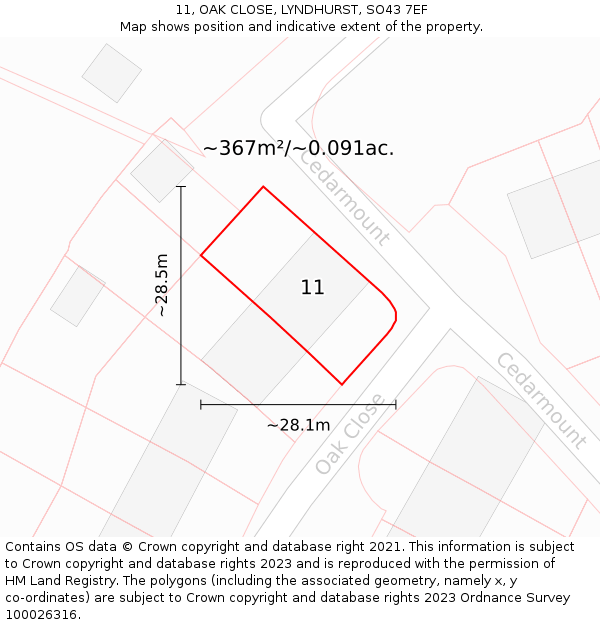 11, OAK CLOSE, LYNDHURST, SO43 7EF: Plot and title map