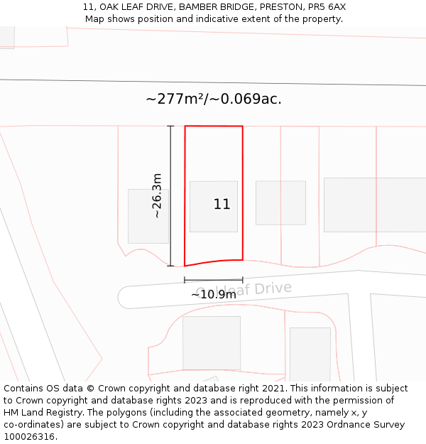 11, OAK LEAF DRIVE, BAMBER BRIDGE, PRESTON, PR5 6AX: Plot and title map