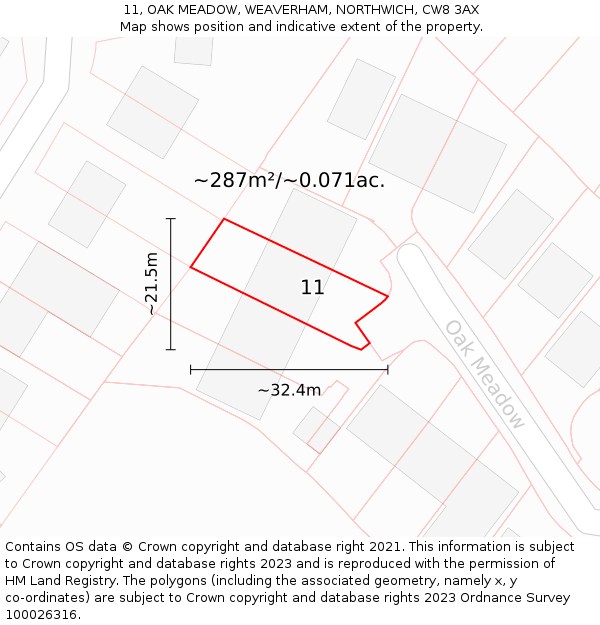 11, OAK MEADOW, WEAVERHAM, NORTHWICH, CW8 3AX: Plot and title map