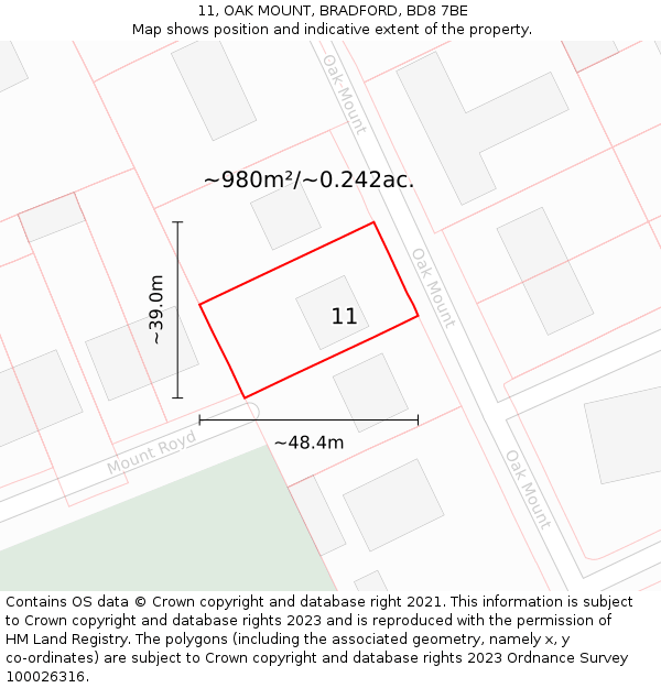 11, OAK MOUNT, BRADFORD, BD8 7BE: Plot and title map