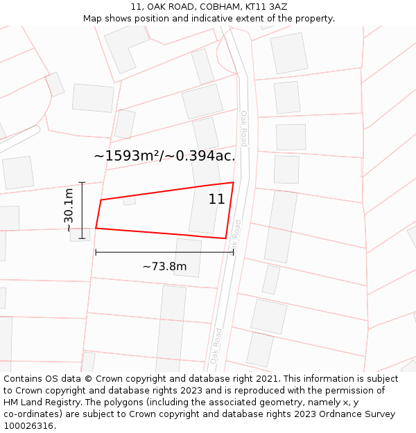 11, OAK ROAD, COBHAM, KT11 3AZ: Plot and title map