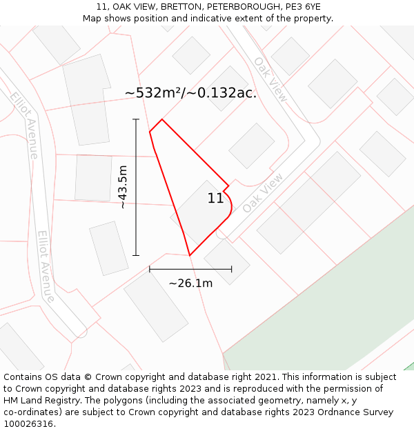 11, OAK VIEW, BRETTON, PETERBOROUGH, PE3 6YE: Plot and title map