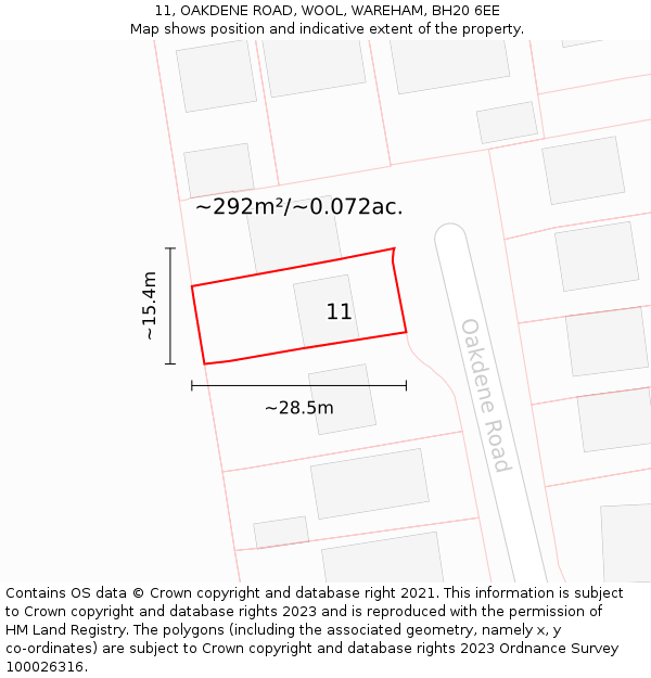 11, OAKDENE ROAD, WOOL, WAREHAM, BH20 6EE: Plot and title map