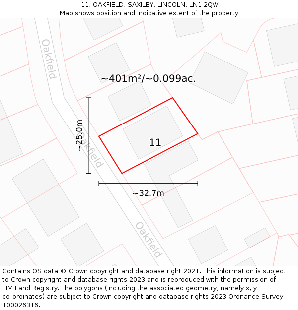 11, OAKFIELD, SAXILBY, LINCOLN, LN1 2QW: Plot and title map