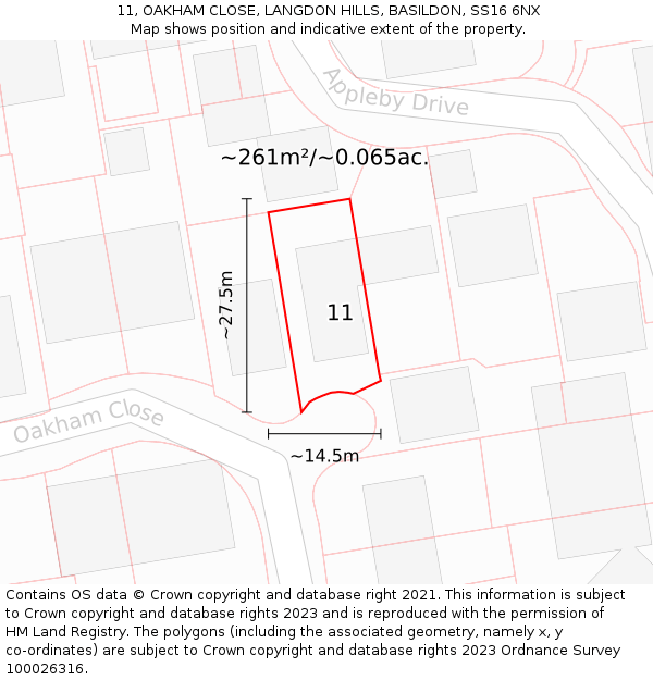 11, OAKHAM CLOSE, LANGDON HILLS, BASILDON, SS16 6NX: Plot and title map