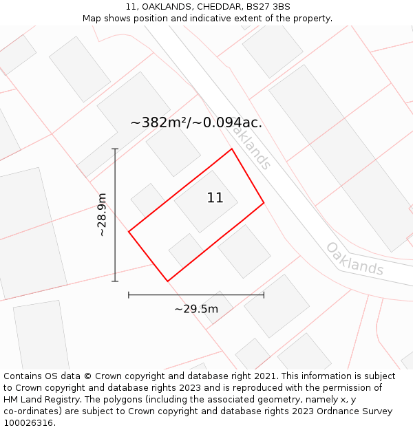 11, OAKLANDS, CHEDDAR, BS27 3BS: Plot and title map