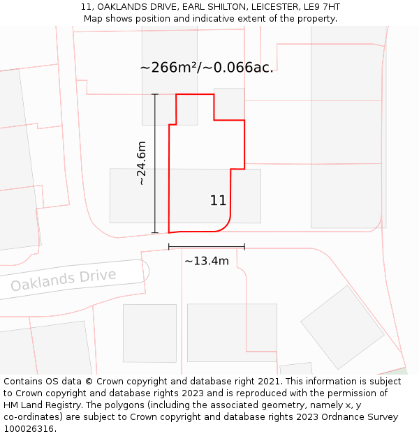 11, OAKLANDS DRIVE, EARL SHILTON, LEICESTER, LE9 7HT: Plot and title map
