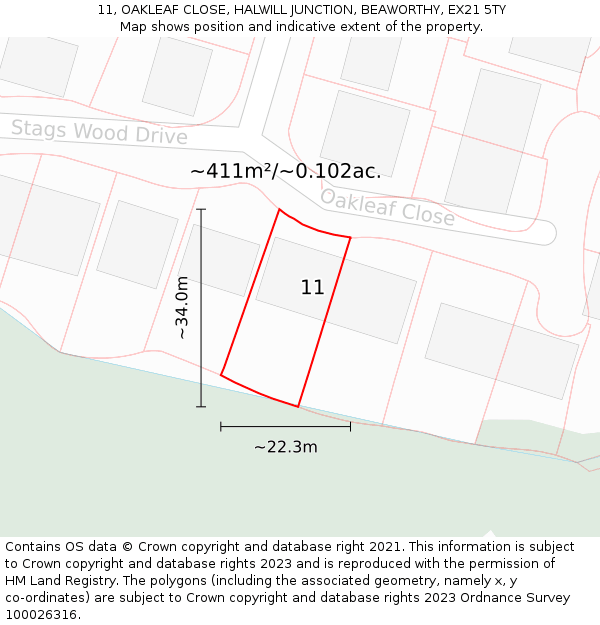 11, OAKLEAF CLOSE, HALWILL JUNCTION, BEAWORTHY, EX21 5TY: Plot and title map