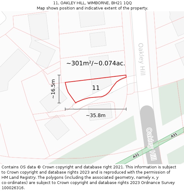 11, OAKLEY HILL, WIMBORNE, BH21 1QQ: Plot and title map