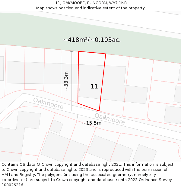 11, OAKMOORE, RUNCORN, WA7 1NR: Plot and title map