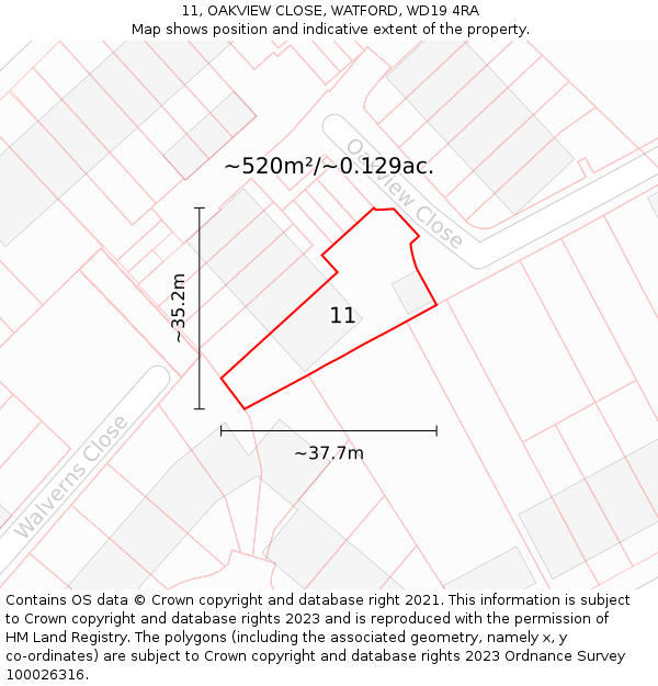 11, OAKVIEW CLOSE, WATFORD, WD19 4RA: Plot and title map