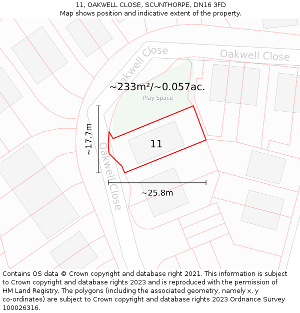 11, OAKWELL CLOSE, SCUNTHORPE, DN16 3FD: Plot and title map