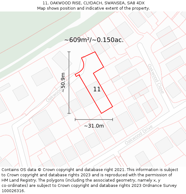 11, OAKWOOD RISE, CLYDACH, SWANSEA, SA8 4DX: Plot and title map
