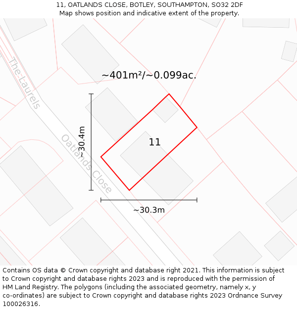 11, OATLANDS CLOSE, BOTLEY, SOUTHAMPTON, SO32 2DF: Plot and title map