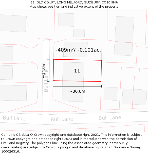 11, OLD COURT, LONG MELFORD, SUDBURY, CO10 9HA: Plot and title map