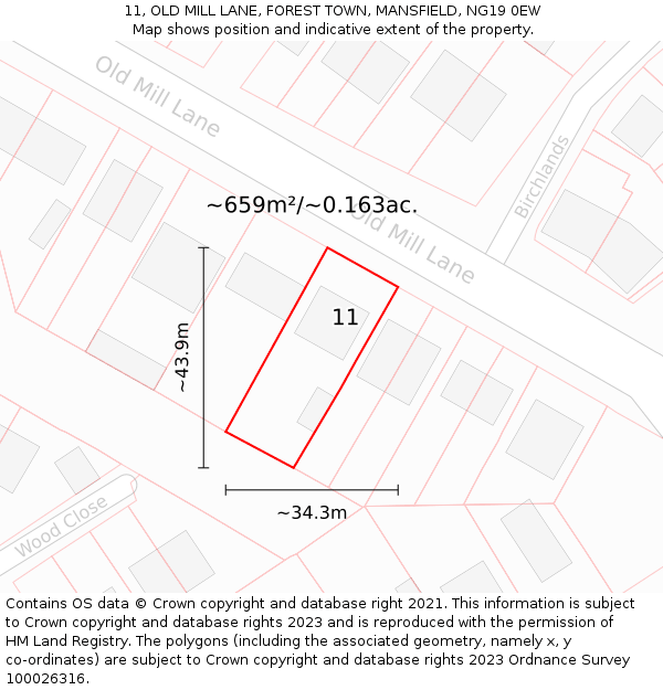 11, OLD MILL LANE, FOREST TOWN, MANSFIELD, NG19 0EW: Plot and title map