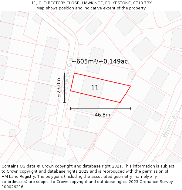 11, OLD RECTORY CLOSE, HAWKINGE, FOLKESTONE, CT18 7BX: Plot and title map