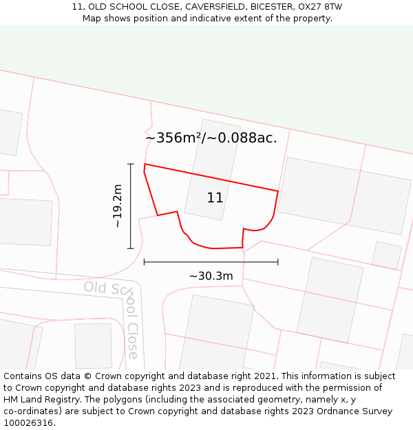 11, OLD SCHOOL CLOSE, CAVERSFIELD, BICESTER, OX27 8TW: Plot and title map