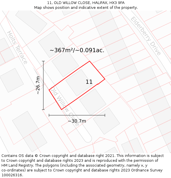11, OLD WILLOW CLOSE, HALIFAX, HX3 9FA: Plot and title map