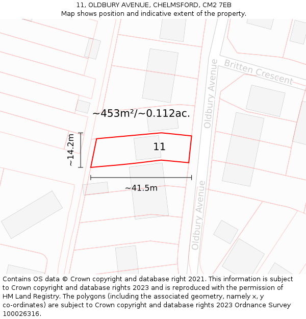 11, OLDBURY AVENUE, CHELMSFORD, CM2 7EB: Plot and title map