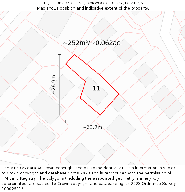 11, OLDBURY CLOSE, OAKWOOD, DERBY, DE21 2JS: Plot and title map