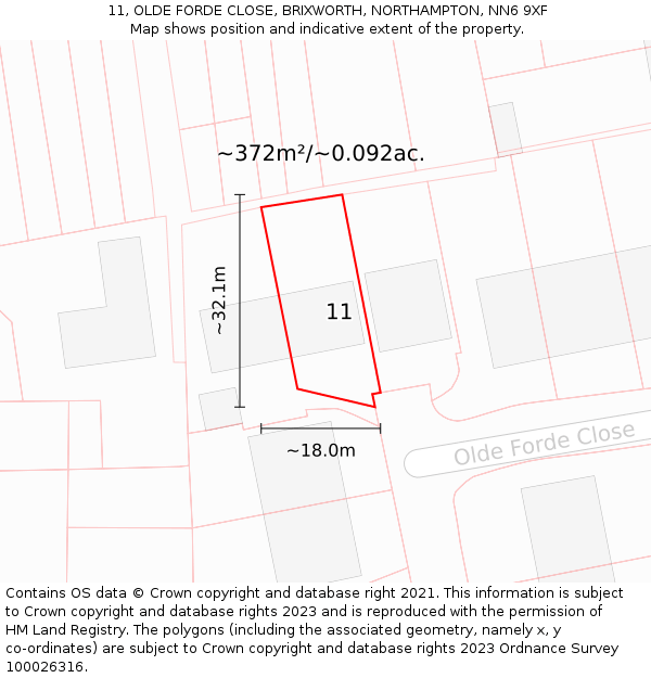 11, OLDE FORDE CLOSE, BRIXWORTH, NORTHAMPTON, NN6 9XF: Plot and title map