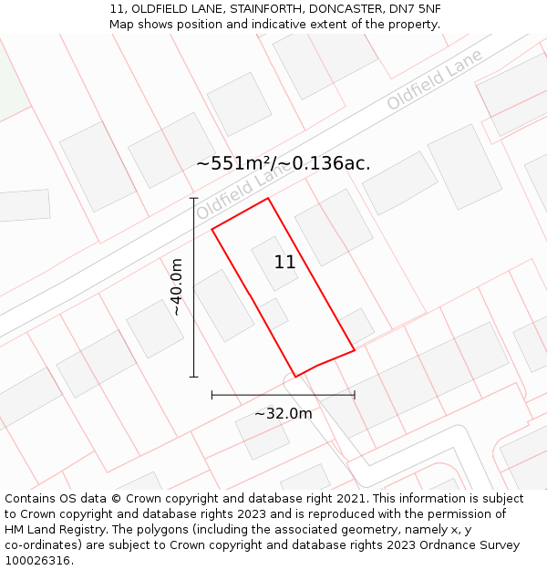 11, OLDFIELD LANE, STAINFORTH, DONCASTER, DN7 5NF: Plot and title map
