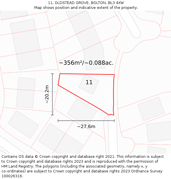11, OLDSTEAD GROVE, BOLTON, BL3 4XW: Plot and title map
