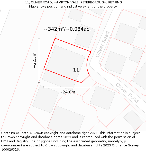 11, OLIVER ROAD, HAMPTON VALE, PETERBOROUGH, PE7 8NG: Plot and title map