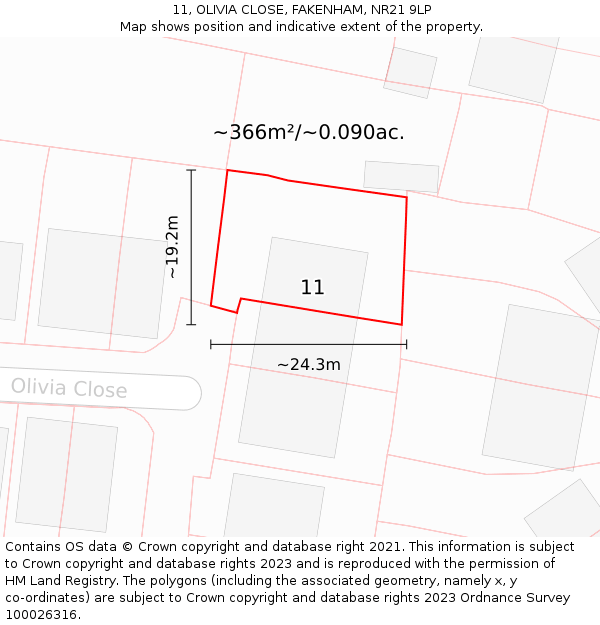 11, OLIVIA CLOSE, FAKENHAM, NR21 9LP: Plot and title map