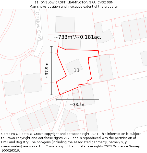 11, ONSLOW CROFT, LEAMINGTON SPA, CV32 6SN: Plot and title map