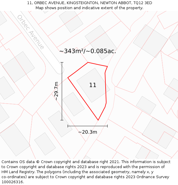 11, ORBEC AVENUE, KINGSTEIGNTON, NEWTON ABBOT, TQ12 3ED: Plot and title map