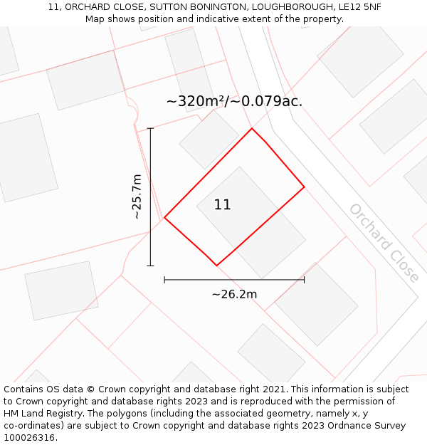 11, ORCHARD CLOSE, SUTTON BONINGTON, LOUGHBOROUGH, LE12 5NF: Plot and title map
