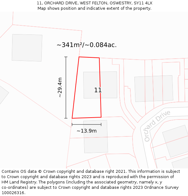 11, ORCHARD DRIVE, WEST FELTON, OSWESTRY, SY11 4LX: Plot and title map