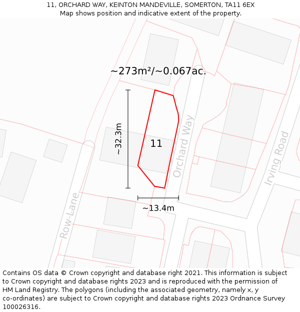 11, ORCHARD WAY, KEINTON MANDEVILLE, SOMERTON, TA11 6EX: Plot and title map