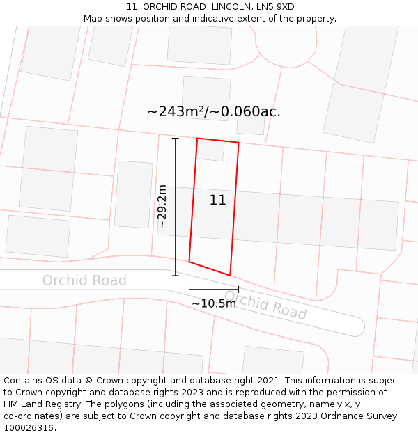 11, ORCHID ROAD, LINCOLN, LN5 9XD: Plot and title map