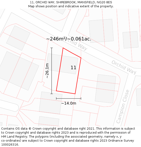 11, ORCHID WAY, SHIREBROOK, MANSFIELD, NG20 8ES: Plot and title map