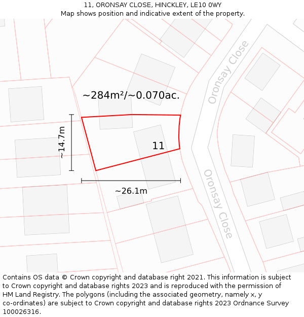 11, ORONSAY CLOSE, HINCKLEY, LE10 0WY: Plot and title map